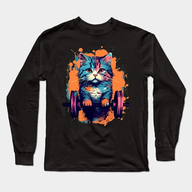 Gym, Workout or Fitness Gift Funny Cat in a Gym Long Sleeve T-Shirt by KsuAnn